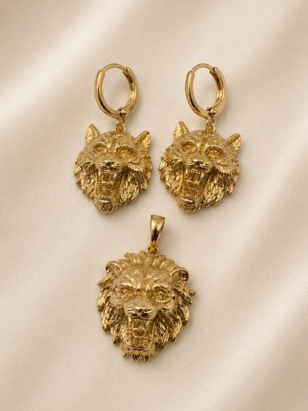 Roaring Lion Pendant & Hoop Earrings Set-14K Gold Plated -Brand New